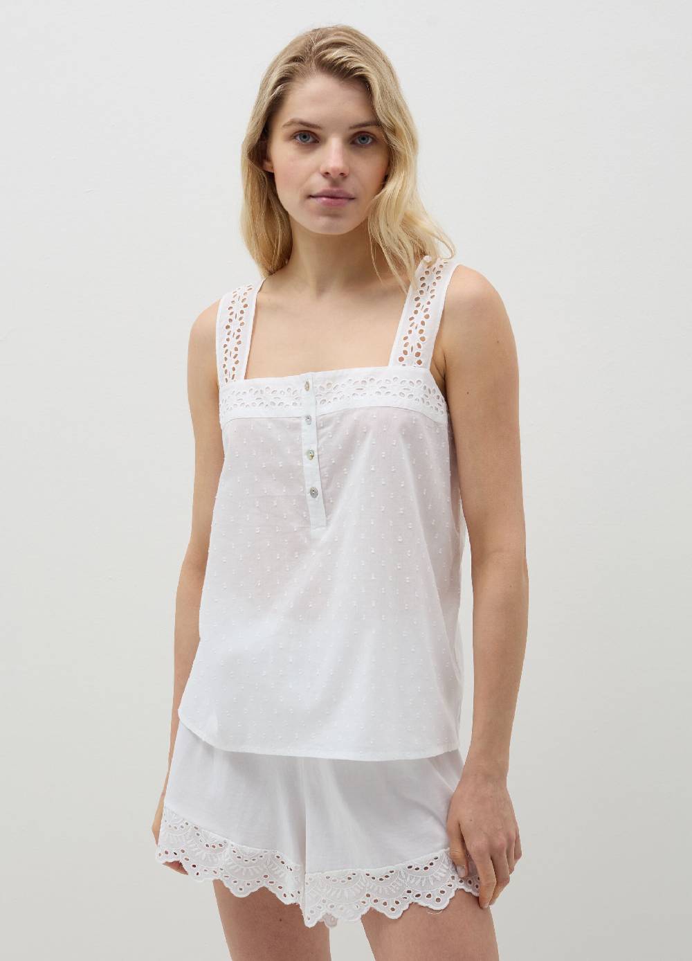 Ovs Top pigiama in cotone dobby con sangallo Vendita Calda