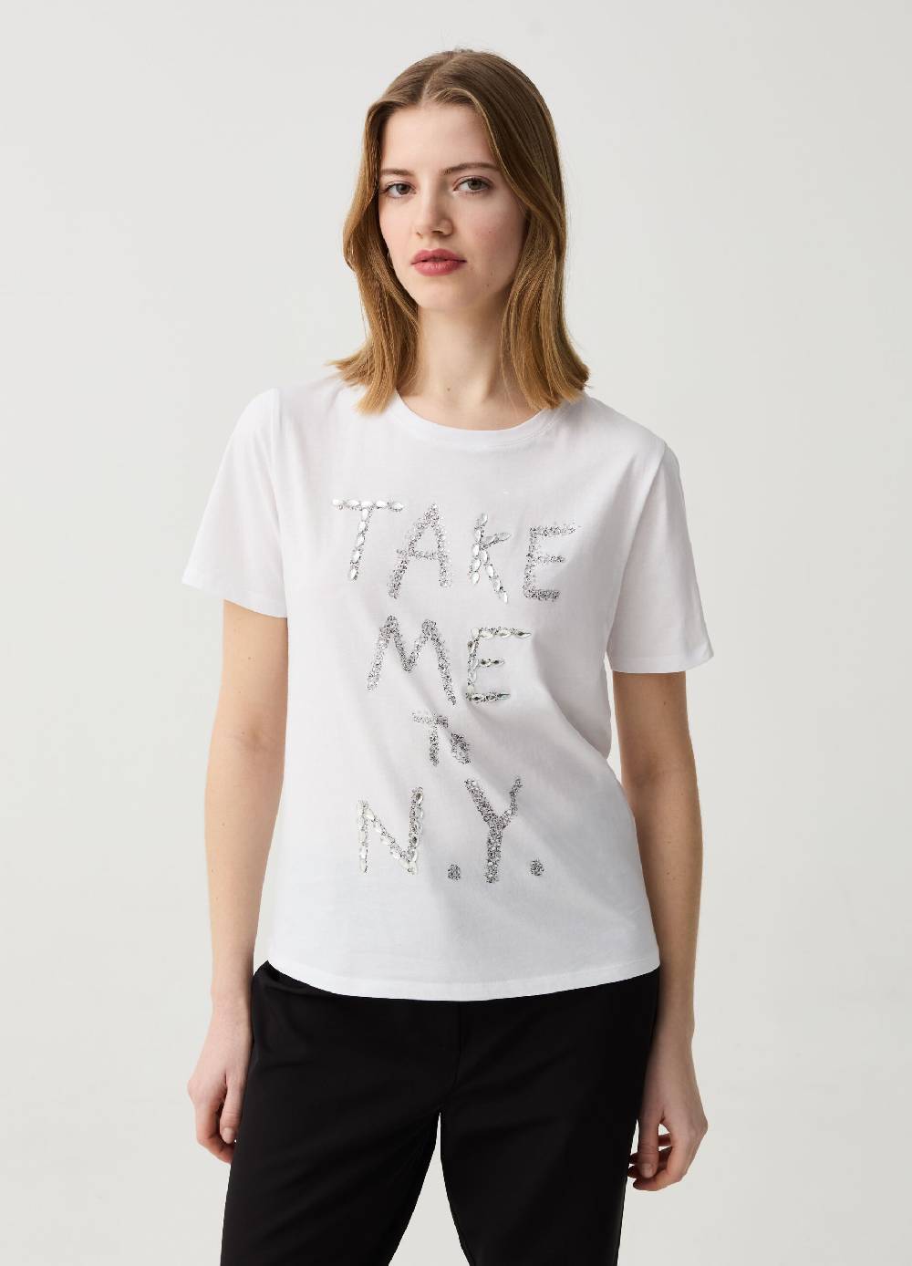 Ovs T-shirt con lettering in pietre e strass