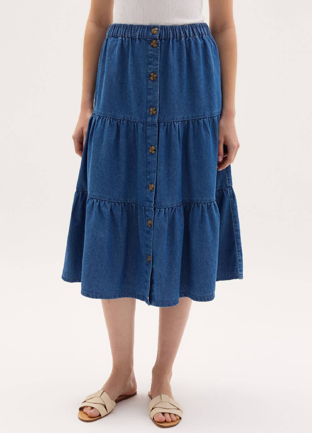 Ovs Gonna midi a balze in denim con bottoni Fino al 50% di sconto