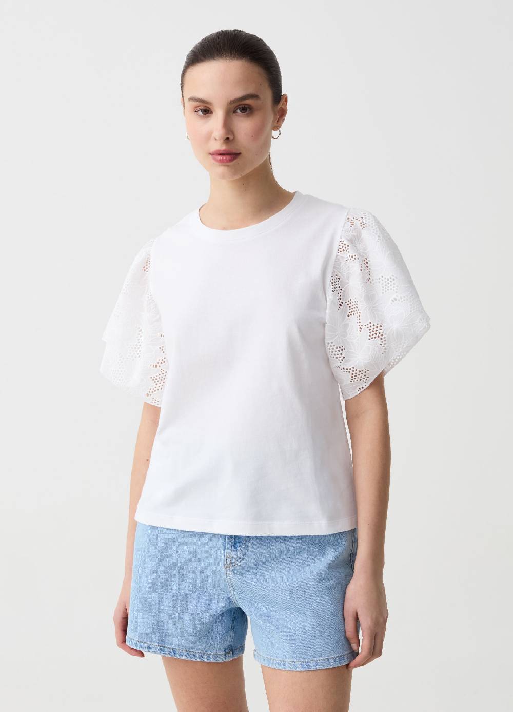 Ovs T-shirt in cotone con maniche in sangallo Fino Al -60%
