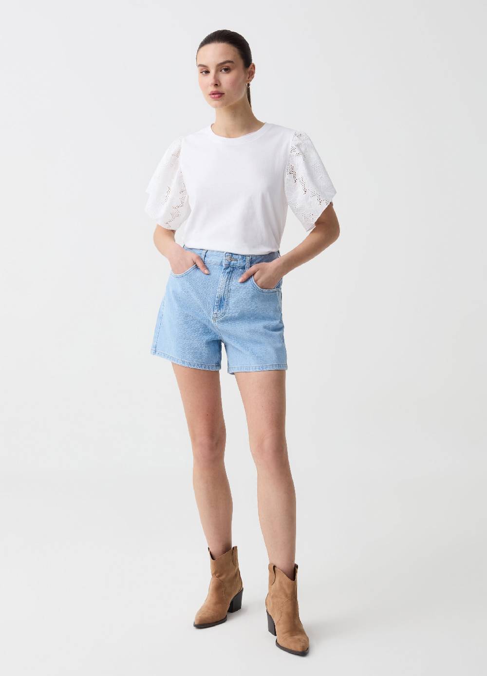 Ovs T-shirt in cotone con maniche in sangallo Fino Al -60%