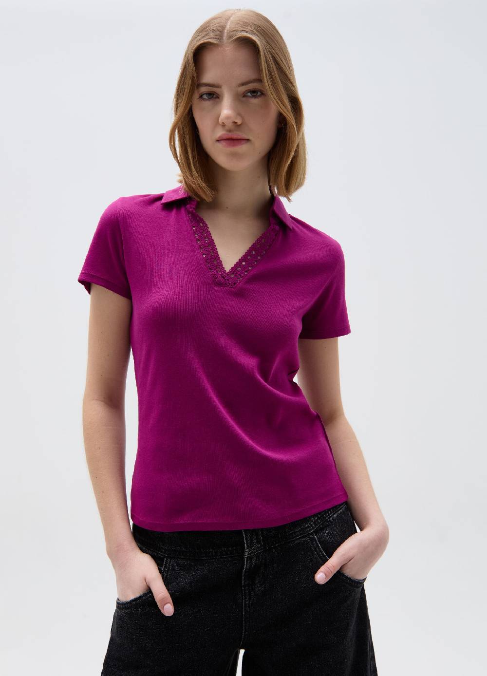 Ovs T-shirt scollo a polo con inserto crochet Saldi Di Fabbrica