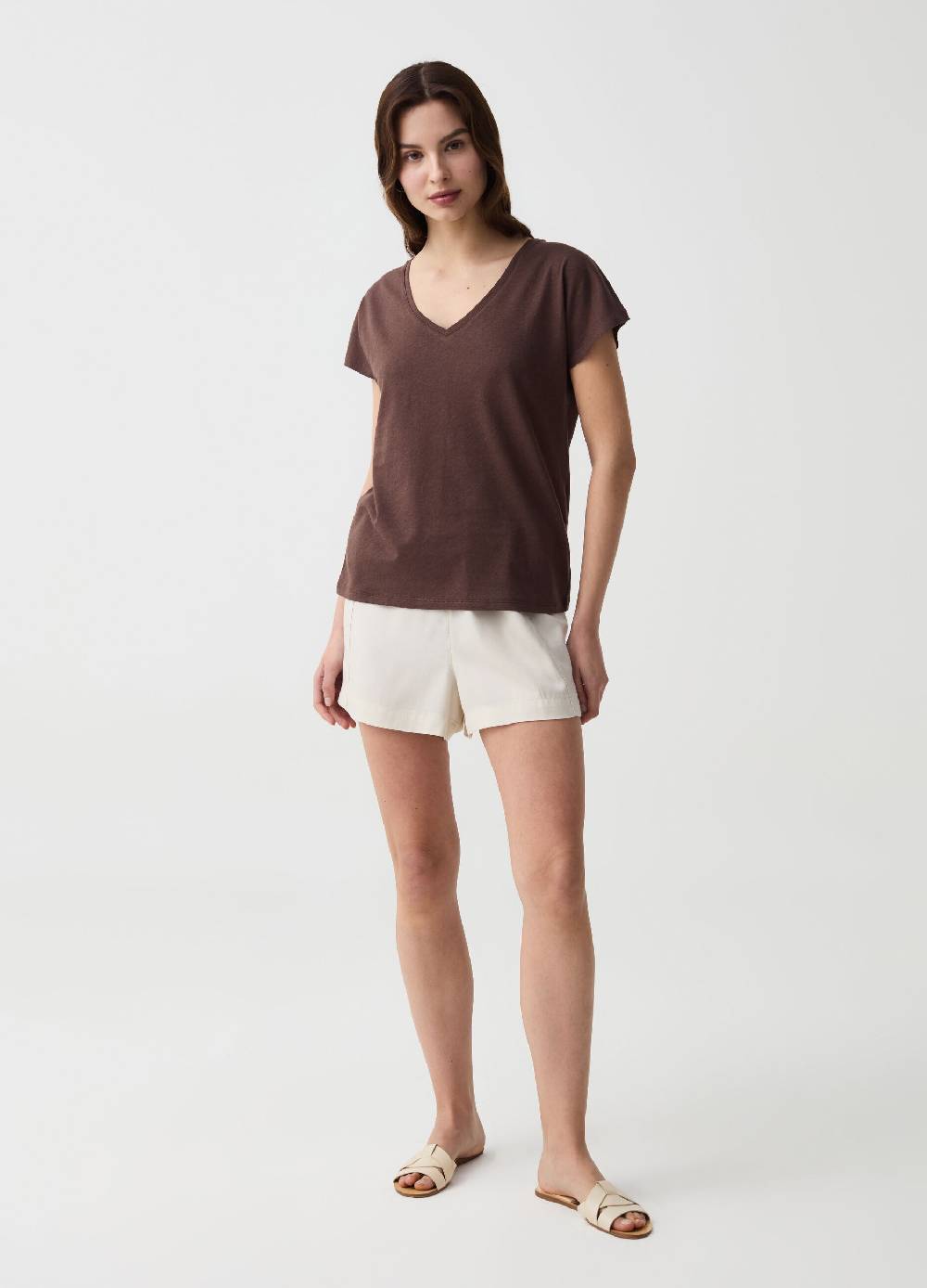 Ovs T-shirt in lino e cotone con scollo a V Offerta speciale della fabbrica