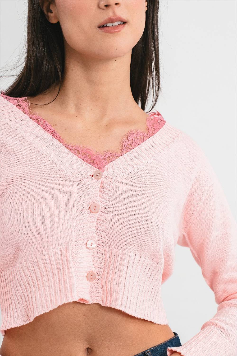Pink Memories Cardigan crop con dettagli in pizzo Acquista Ora