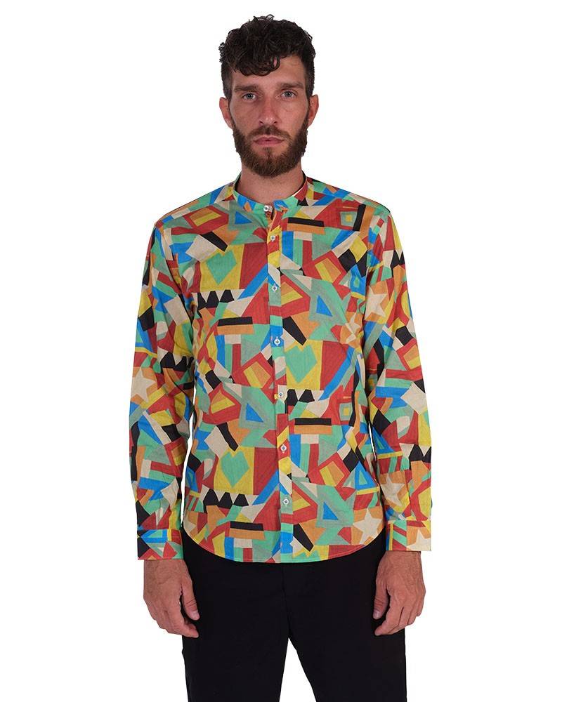 Poggianti Camicia fantasia geometrica multicolor, Collo coreano Offerta