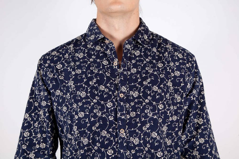 Poggianti Camicia Fantasia su riga Blu Collo Italiano Qualità Garantita