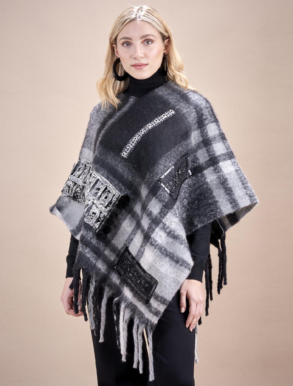 Save The Queen Poncho in jacquard nero e grigio