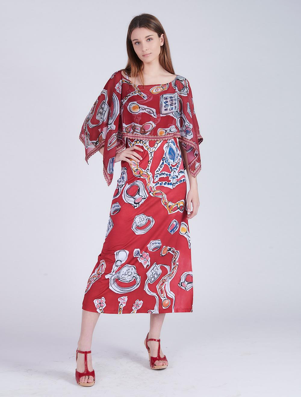 Save The Queen Vestito lungo con stampa “anelli” e poncho in chiffon Vendite Flash