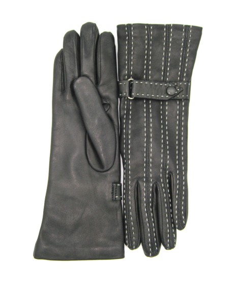 Sermoneta Gloves Guanto in Nappa 4bt con Impunture e Cinturino Nero/Ecru Nuovo